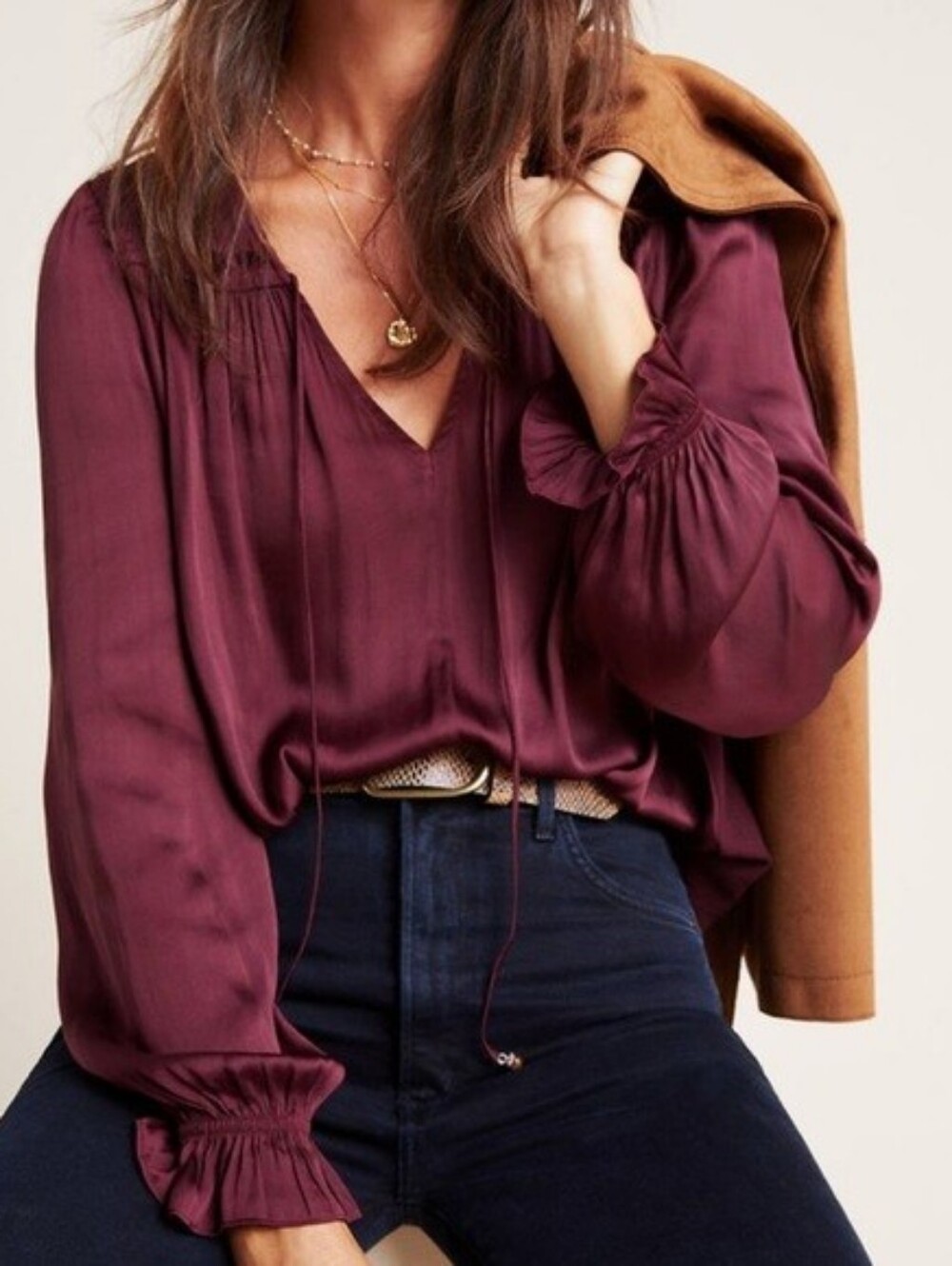 Current Air Los Angeles Burgundy Smocked Ruffle Peasant Blouse Size L - Picture 1 of 5